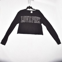 Victoria&#39;s Secret LOVE PINK T-shirt Women/s Black Long Sleeve Crop Size Large - £12.14 GBP