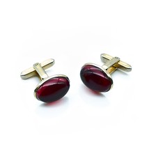 Classy Vintage Red Lucite Cufflinks, Oval Ruby Cabochon in Gold Tone, Elegant - £22.13 GBP