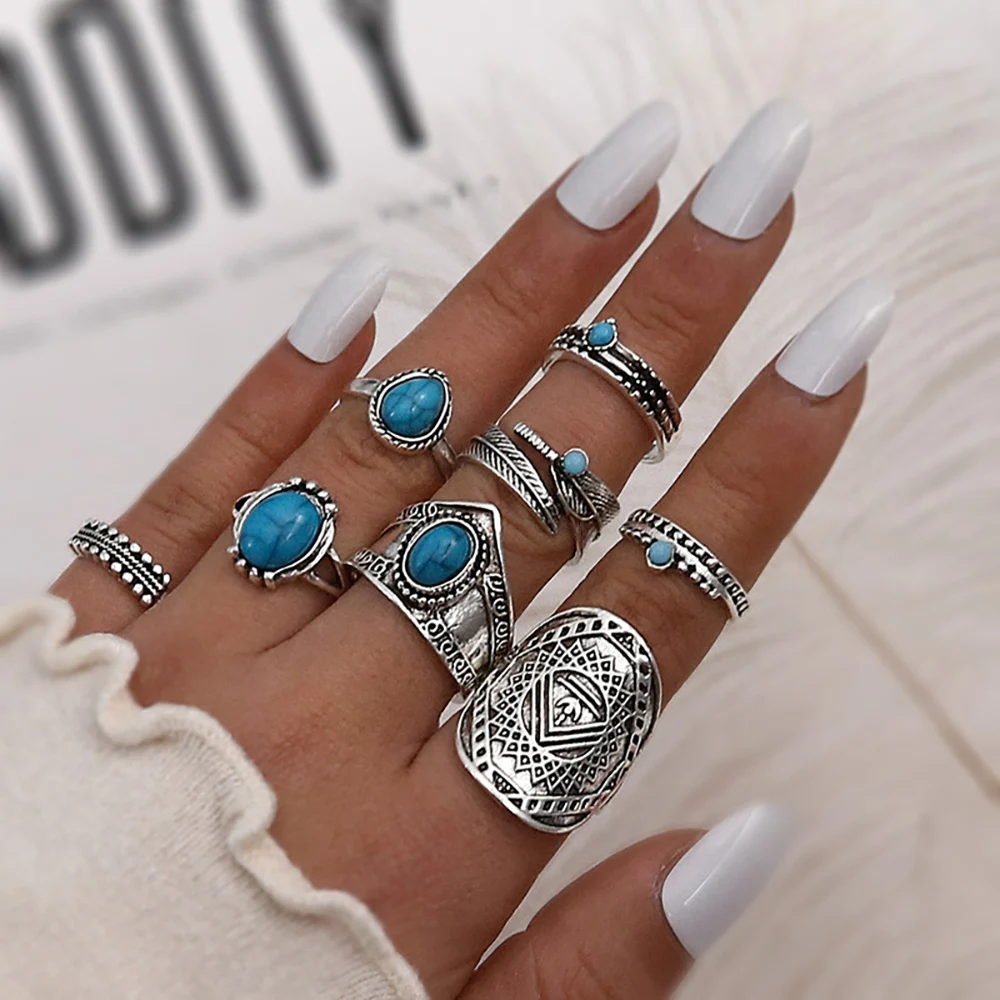 Vintage Silver Color Leaf Turquoise Stone Rings for Women Flowers Geometry Bohem - £12.41 GBP