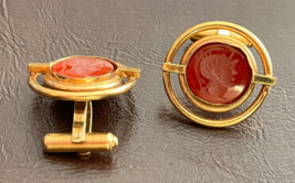 Vtg Cufflinks Carnelian Roman Soldier Intaglio Simmons 1/20 12k GF gold ... - $44.99