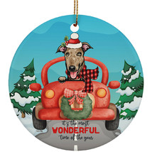 Cute Greyhound Dog Ride Car The Most Time Of Year Christmas Circle Ornament - £15.78 GBP