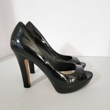 Womens Via Spiga Dress Heels Black Patten Leather Size 7.5 Peep Toe Pump - £17.81 GBP