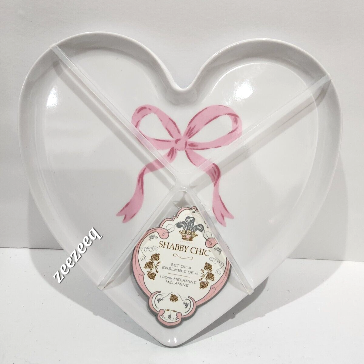 Shabby Chic Valentines Pin Bow Heart Shaped Melamine Plates 4pc - $29.99