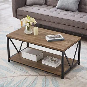 Rustic Coffee Table With Storage Shelf, Vintage Wood And Metal Cocktail ... - $238.99