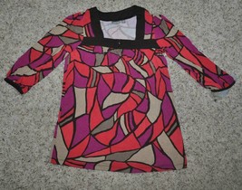 Womens Shirt Apt 9 Top Purple Red Multi Geometric 3/4 Sleeve $36 NEW-size M - £13.52 GBP