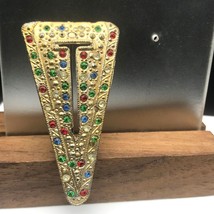 Antique Cut Steel Gilded Triangle Brooch with Colorful Pave Crystals, Georgian - £96.32 GBP