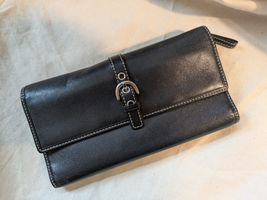 Vintage Coach Nero Pelle Tri Fold Portafoglio Argento Fibbia 20.3x10.2cm - $21.81