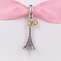 925 Sterling Silver Eiffel Tower with 14K Gold Plated Heart Dangle Charm - £13.47 GBP