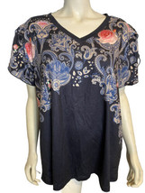 Pixie Lady Navy and Pink Floral and Paisley Print V neck Short Sleeve Top Sz 1X - £15.17 GBP