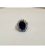 Blue Oval Gem Crystal Ring Silver Colored Band Size 8-10 Ornate - £16.05 GBP