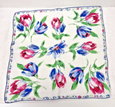Vintage Hankie Pink and Blue Spring Tulips w Tiny Floral Edge  13.5 Inch - $9.89