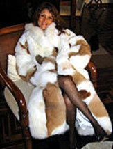 White fur long coat with brown spots, made of baby alpaca pelt, X-Small - $1,443.50