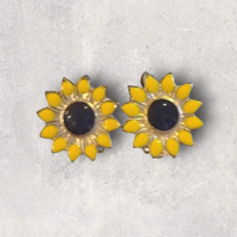Vintage Clip on Earrings Stud Enamel Yellow Sunflower Flowers Gold Tone - $6.79