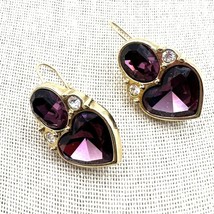 Swarovski Purple Glass Heart Pierced Dangle Earrings Hinged Hook Vintage 1&quot; - £39.62 GBP