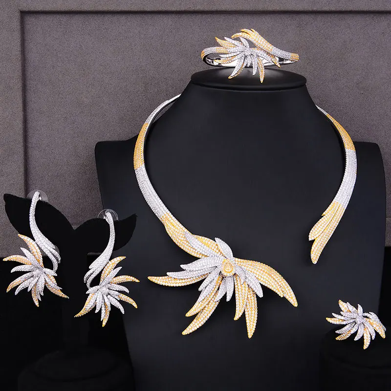 Luxury Palm Tree Leaf Nigerian Choker Jewelry sets For Women Wedding Cubic Zirco - £193.59 GBP
