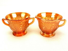 Federal Glass Vintage Creamer &amp; Sugar Bowl, Marigold Normandie Lattice &amp; Bouquet - £23.46 GBP