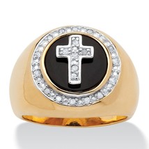 14K Gold Over Sterling Silver Onyx Cross Mens Ring Size 8 9 10 11 12 13 - £199.83 GBP