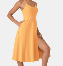 Women&#39;s Small,Halara Apricot Sleeveless Front Slit Midi Dress, Pockets,Shelf Bra - £19.51 GBP