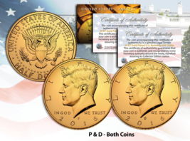 24K Gold Plated 2016 Jfk Kennedy Half Dollar 2-Coin Set * P&D Mint * w/Capsules - $12.16