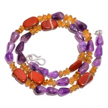 Natural Amethyst Citrine Red Jasper Gemstone Smooth Beads Necklace 17&quot; UB-3180 - £7.86 GBP