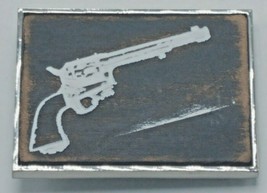 Vintage Silver Tone &amp; Painted Faux Wood Revolver Gun Belt Buckle - £14.04 GBP