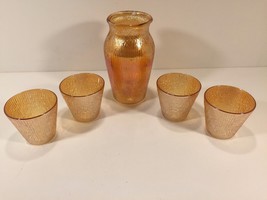 Vintage Carnival Glass Pitcher &amp; 4 Cups Jeanette Marigold Tree Bark? Unusual - £23.90 GBP