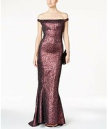B Michael Off-The-Shoulder Metallic Jacquard Gown Claret Size 10 $640 - $218.49