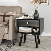 Black Mid Century Modern Nightstand With 1 Drawer Wooden Bedside Table For - £72.70 GBP