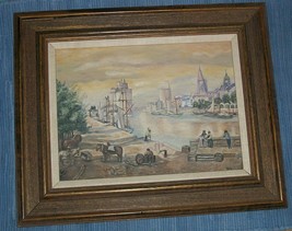 Vtg Oil Canvas Painting Delma Joyce Marie Haughton Old Sea Port Boat Harbor Folk - £183.68 GBP