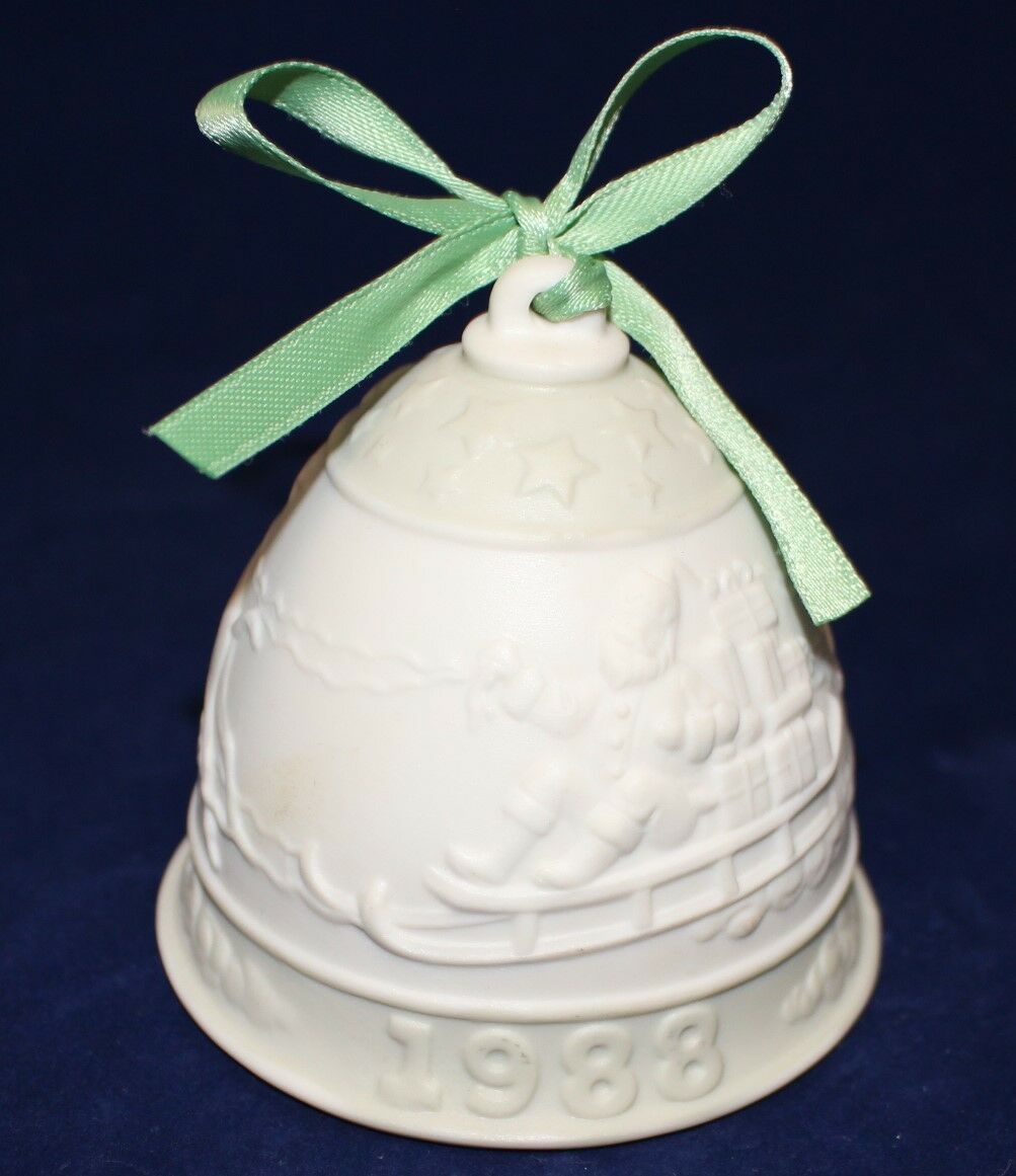 Primary image for Lladro 1988 Annual Porcelain Bisque Christmas Bell Ornament with Green Ribbon