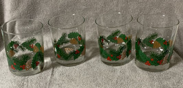 Christmas Rocks Glass Set 4 Holly Leaves Berries &amp; Pinecone 12oz Holiday... - $21.99