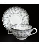 Spode Fleur de Lys Grey Tea Cup &amp; Saucer Set, Vintage Bone China Platinu... - $20.00