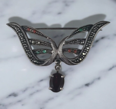 Vintage 925 Silver Ruby Marcasite Encrusted Brooch 2” Wings, Butterfly - £14.96 GBP