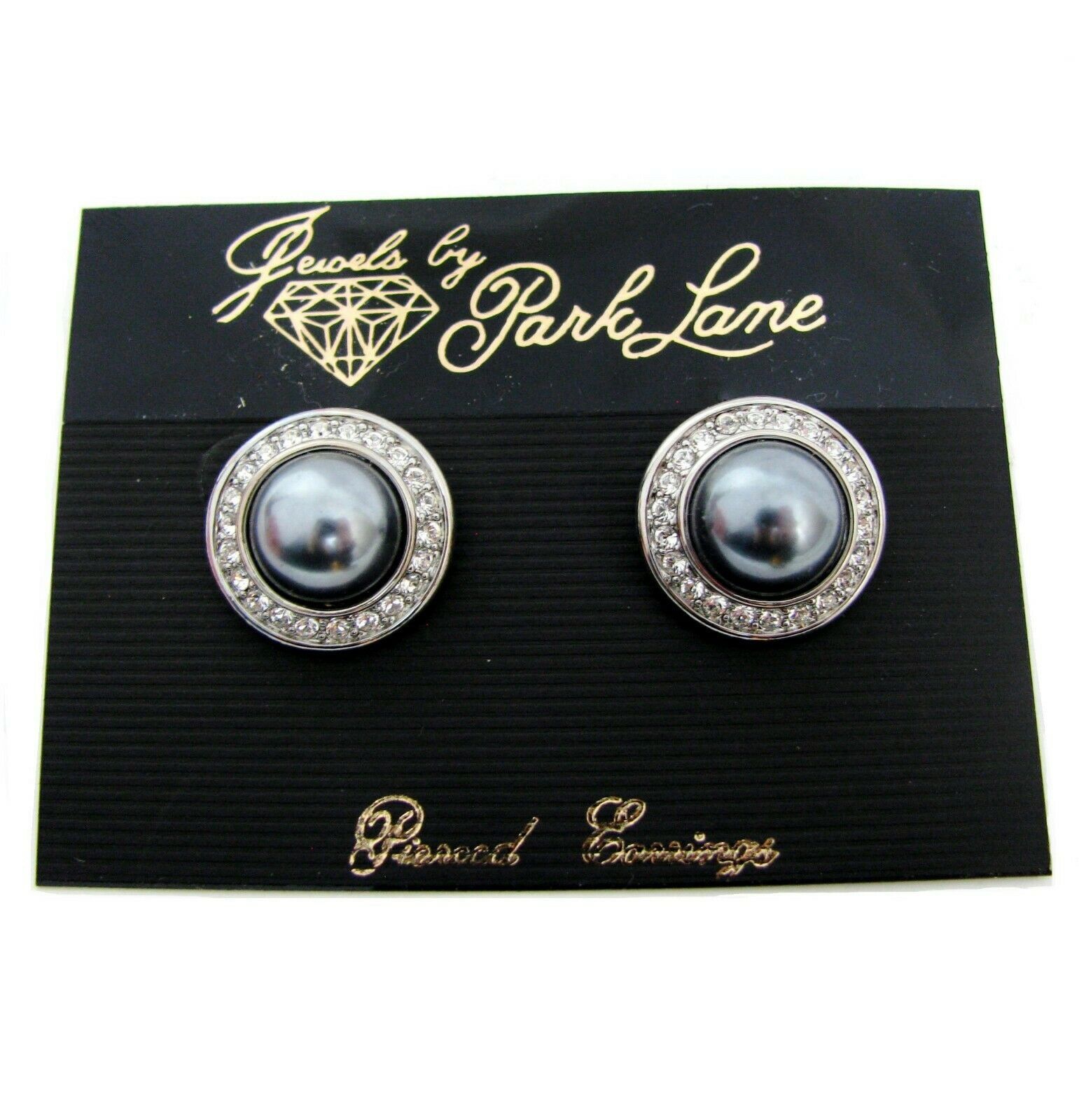 Park Lane Pierced Stud Earrings Round Faux Silver Pearl Clear Rhinestone vtg - $23.76