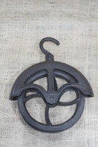 Rustic Cast Iron Hanging Cable Pulley Wheel Hook Farmhouse Country Decor... - $31.99