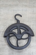 Rustic Cast Iron Hanging Cable Pulley Wheel Hook Farmhouse Country Decor... - £24.23 GBP