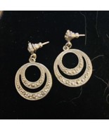 Art Deco Silvertone Clear Grey Rhinestone Round Double Hoop Post Dangle ... - $37.33 CAD