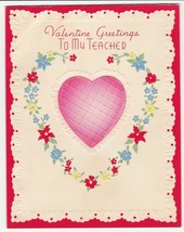 Vintage Valentine Card Pink Heart Flowers Teacher 1942 DA Embossed - £5.41 GBP