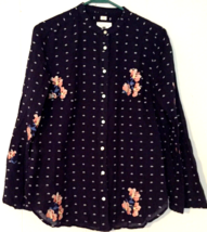 Loft blouse size M women button close navy blue embroidered flowers 100% cotton - £7.98 GBP