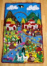 Handmade Peruvian Arpillera Wall Hanging Quilt 3D Folk Art Village Scene... - $138.60