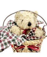 Handmade Basket Bear in Goody Bag Medium Teddy Bear Burgundy Green Fabri... - £27.29 GBP