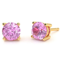 Lab-Created Pink Sapphire 5mm Round Stud Earrings in 14k Yellow Gold - £159.07 GBP