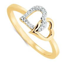 14k or Jaune Plaqué Simulé Diamants Double Coeur Promesse Fiançailles Bague - £75.17 GBP