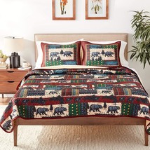 Black Bears Pine Trees Forest Quilted Throw Blanket And 2 Pillow Shams Queen Set - £79.92 GBP