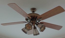 Beautiful Working Ceiling Fan – Antique Brass Finish –Wooden Blades Glass Shades - £102.63 GBP