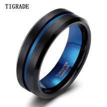 TIGRADE 8mm Blue&amp;Black Mens Tungsten Carbide Ring Blue Line Design For Women Wed - £18.50 GBP