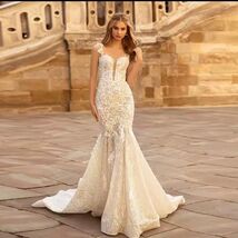 White Ivory or Champagne Organza Cap Sleeve Lace Mermaid Princess Weddin... - $576.95