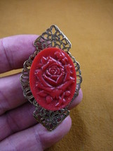 (cred-54) RED rose flower black oval lady CAMEO filigree brass Pin Pendant - £23.42 GBP