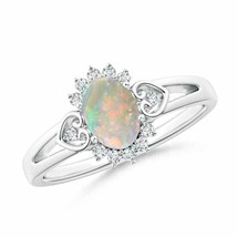 Vintage Inspired Oval Opal Halo Ring with Heart Motifs in Silver Size 5.5 - £355.01 GBP