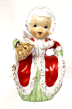 Vintage Christmas Girl w Gold Bells Porcelain Bell Japan 4 3/4&quot; Spaghett... - $28.22